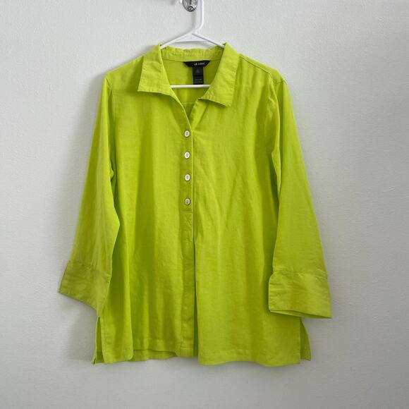 Ali Miles Top Women L Lime Green Artsy Lagenlook Lightweight Buttons Flowy - Picture 1 of 7